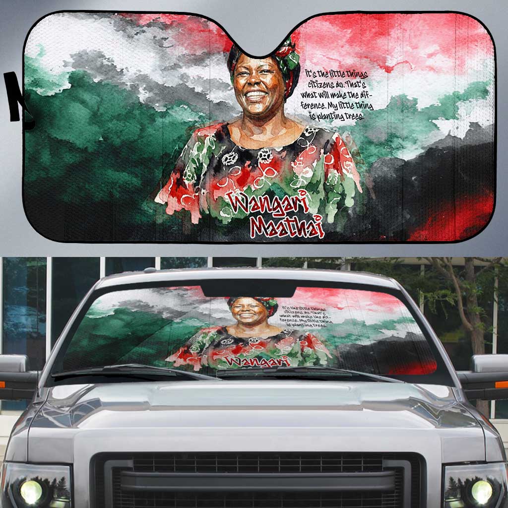 Wangari Maathai Auto Sun Shade Kenyan Flag Watercolor Style - Environmental Quote Planting Trees Tribute Eco-Activism - Wonder Print Shop