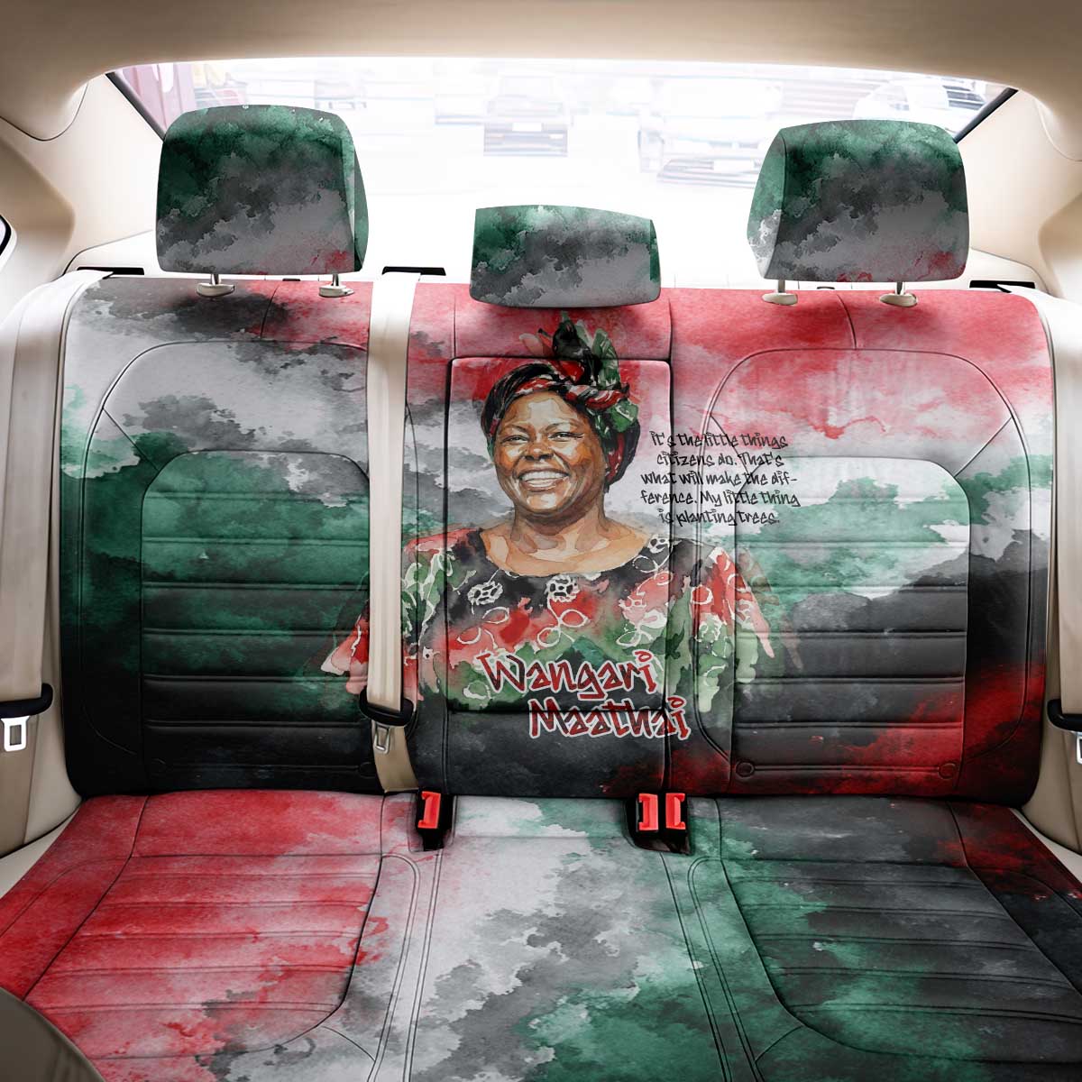 Wangari Maathai Back Car Seat Cover Kenyan Flag Watercolor Style - Environmental Quote Planting Trees Tribute Eco-Activism - Wonder Print Shop