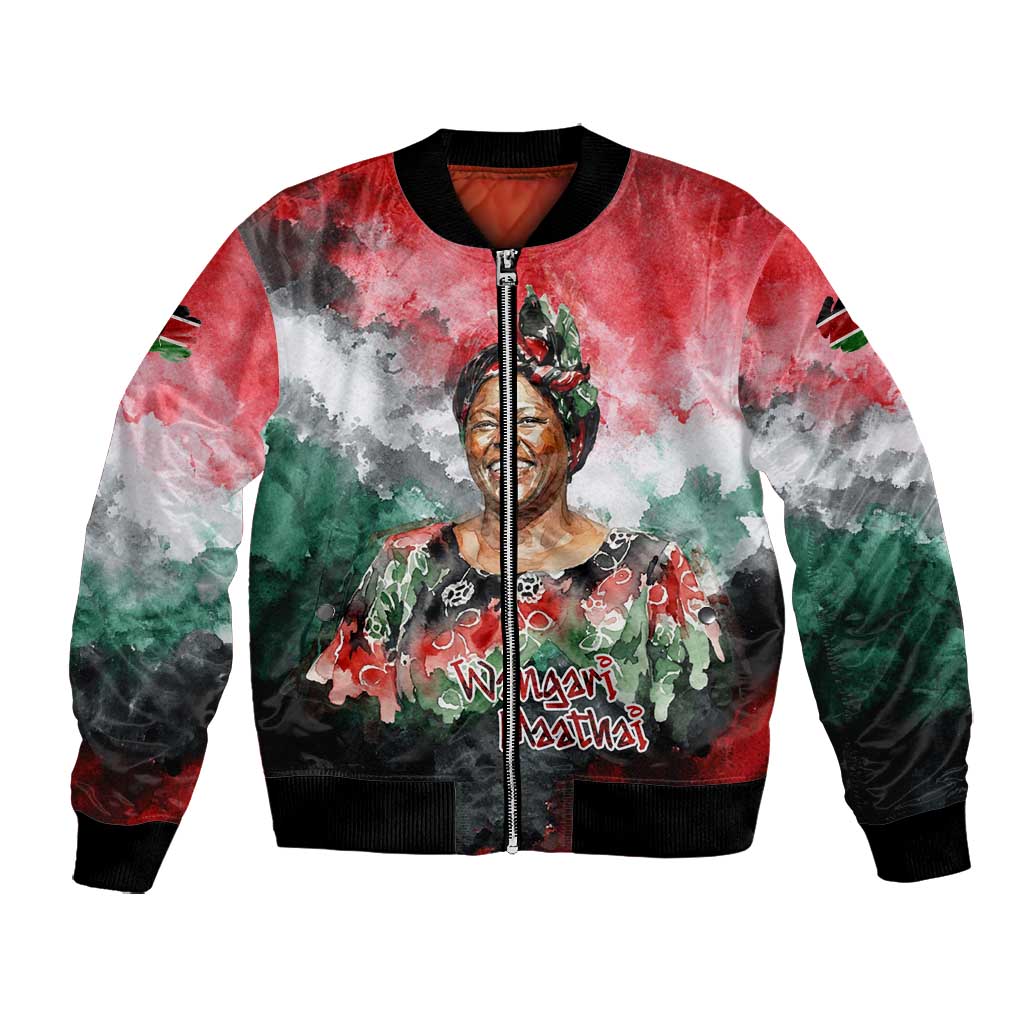 Wangari Maathai Bomber Jacket Kenyan Flag Watercolor Style - Environmental Quote Planting Trees Tribute Eco-Activism - Wonder Print Shop