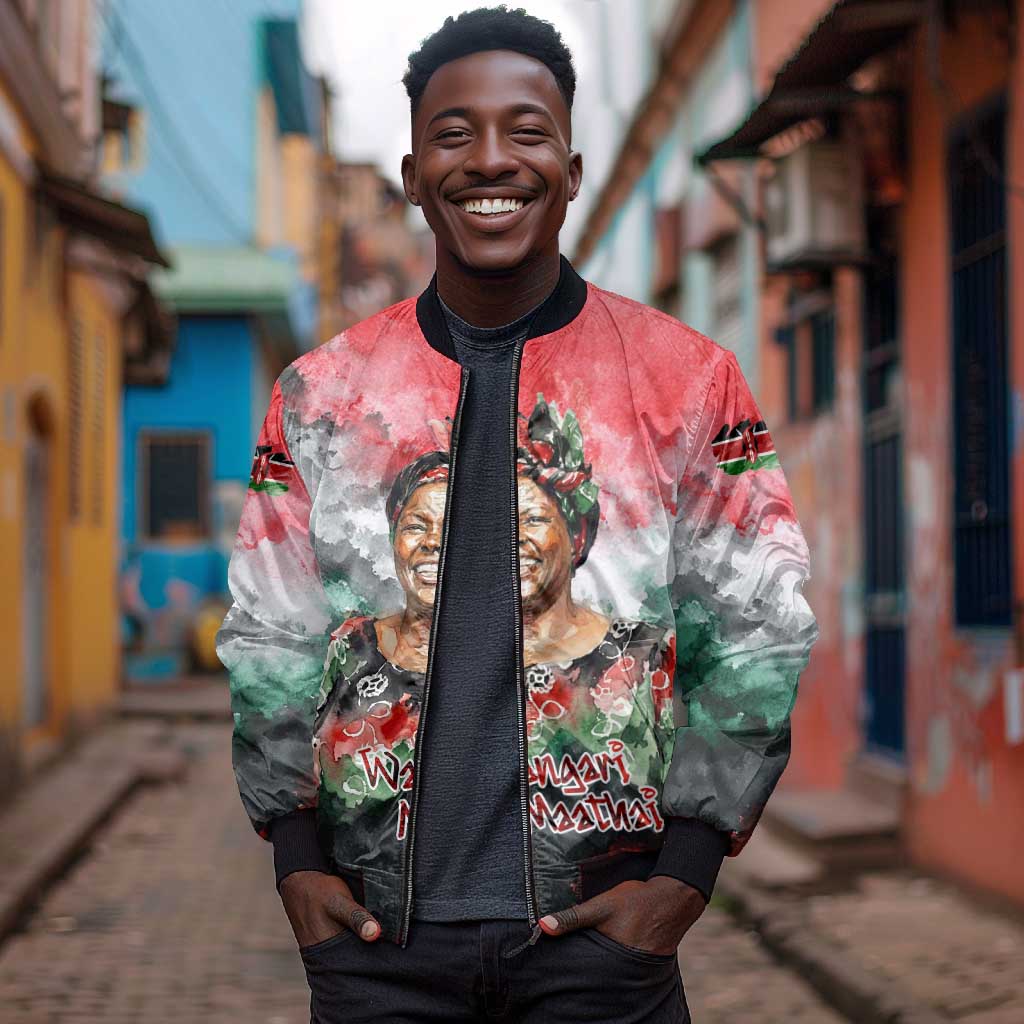 Wangari Maathai Bomber Jacket Kenyan Flag Watercolor Style - Environmental Quote Planting Trees Tribute Eco-Activism - Wonder Print Shop