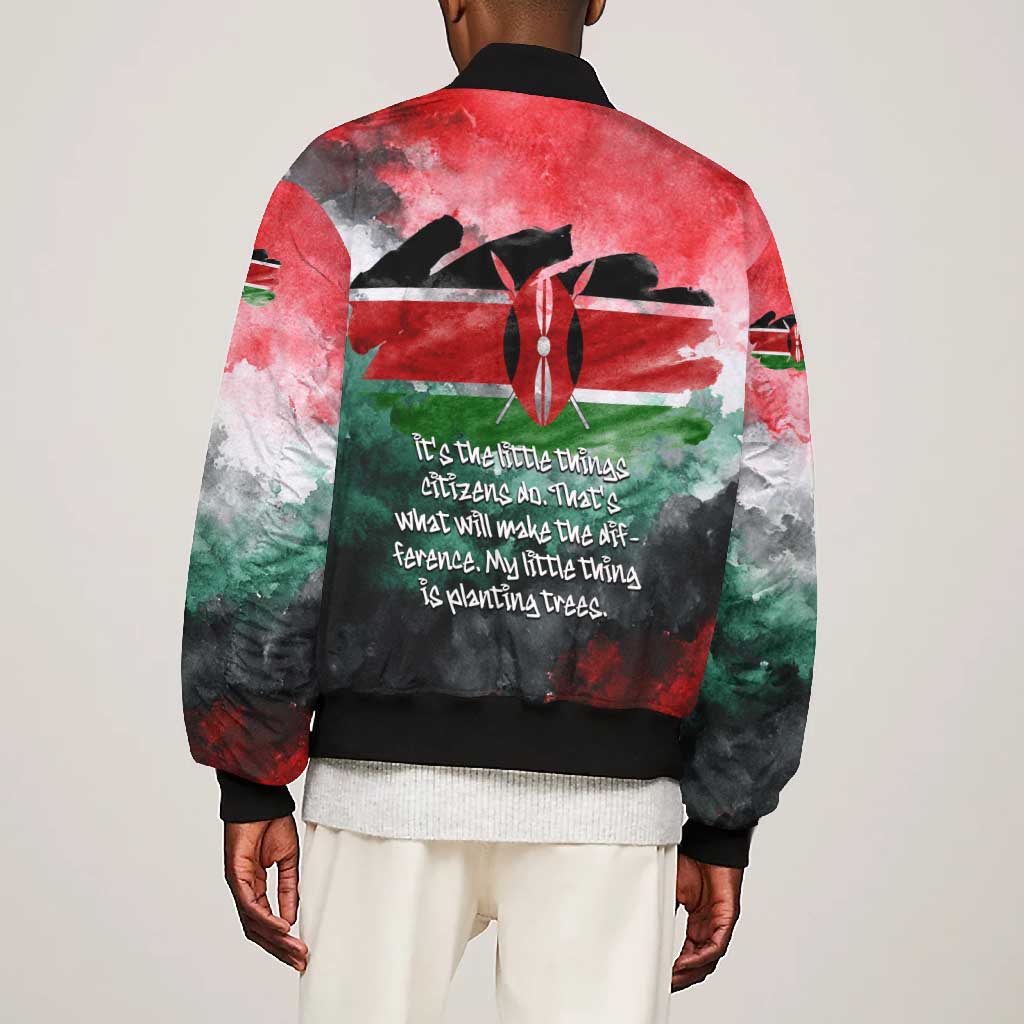 Wangari Maathai Bomber Jacket Kenyan Flag Watercolor Style - Environmental Quote Planting Trees Tribute Eco-Activism - Wonder Print Shop