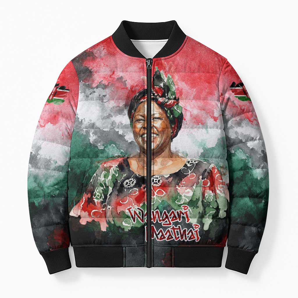 Wangari Maathai Bomber Puffer Jacket Kenyan Flag Watercolor Style - Environmental Quote Planting Trees Tribute Eco-Activism - Wonder Print Shop