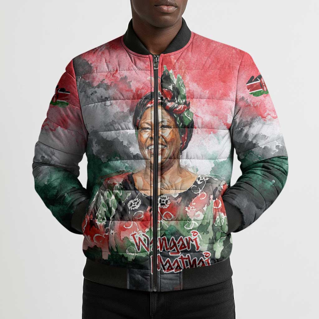 Wangari Maathai Bomber Puffer Jacket Kenyan Flag Watercolor Style - Environmental Quote Planting Trees Tribute Eco-Activism - Wonder Print Shop