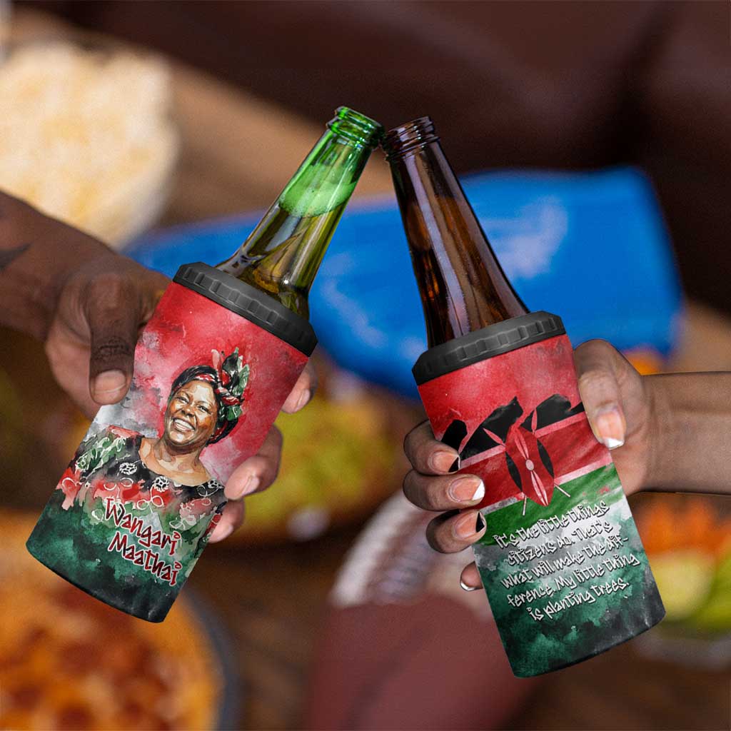 Wangari Maathai 4 in 1 Can Cooler Tumbler Kenyan Flag Watercolor Style - Environmental Quote Planting Trees Tribute Eco-Activism - Wonder Print Shop