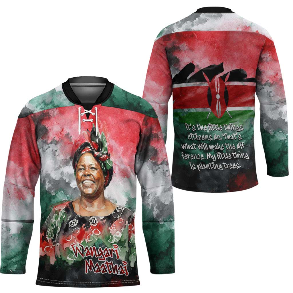 Wangari Maathai Hockey Jersey Kenyan Flag Watercolor Style - Environmental Quote Planting Trees Tribute Eco-Activism - Wonder Print Shop