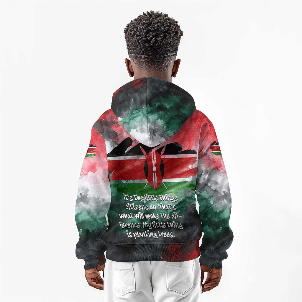 Wangari Maathai Kid Hoodie Kenyan Flag Watercolor Style - Environmental Quote Planting Trees Tribute Eco-Activism - Wonder Print Shop