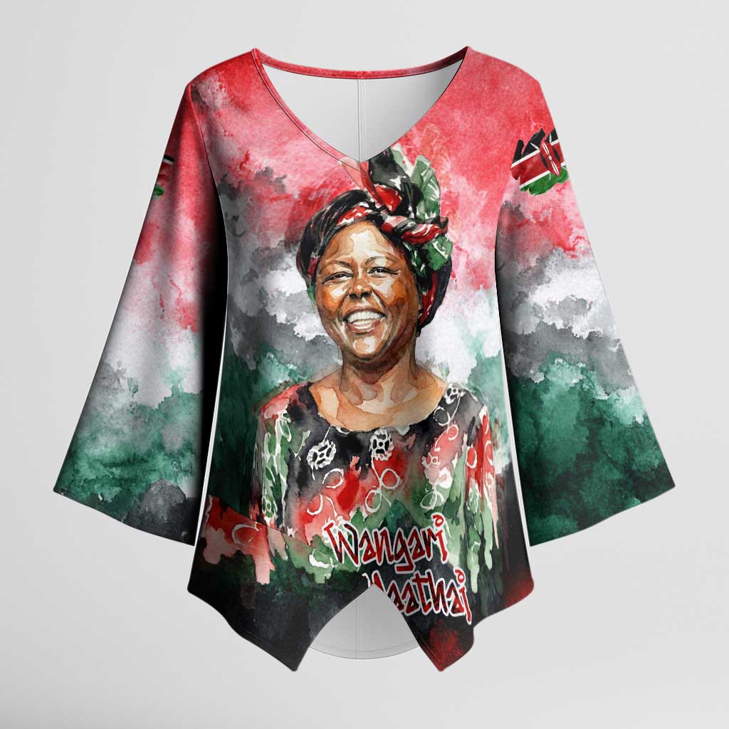 Wangari Maathai Kimono Sleeve Blouse Kenyan Flag Watercolor Style - Environmental Quote Planting Trees Tribute Eco-Activism - Wonder Print Shop
