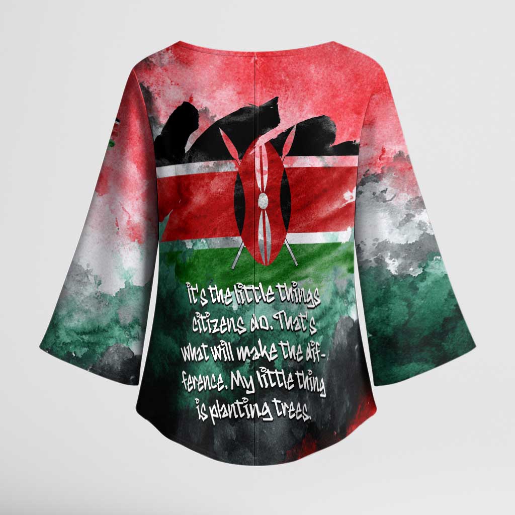 Wangari Maathai Kimono Sleeve Blouse Kenyan Flag Watercolor Style - Environmental Quote Planting Trees Tribute Eco-Activism - Wonder Print Shop