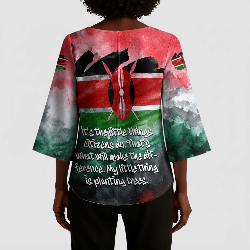Wangari Maathai Kimono Sleeve Blouse Kenyan Flag Watercolor Style - Environmental Quote Planting Trees Tribute Eco-Activism - Wonder Print Shop
