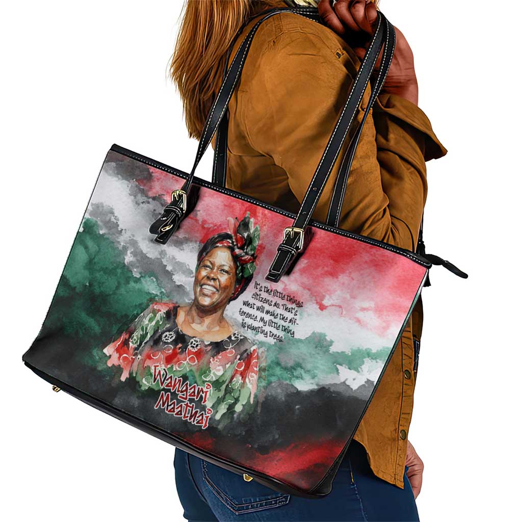 Wangari Maathai Leather Tote Bag Kenyan Flag Watercolor Style - Environmental Quote Planting Trees Tribute Eco-Activism - Wonder Print Shop