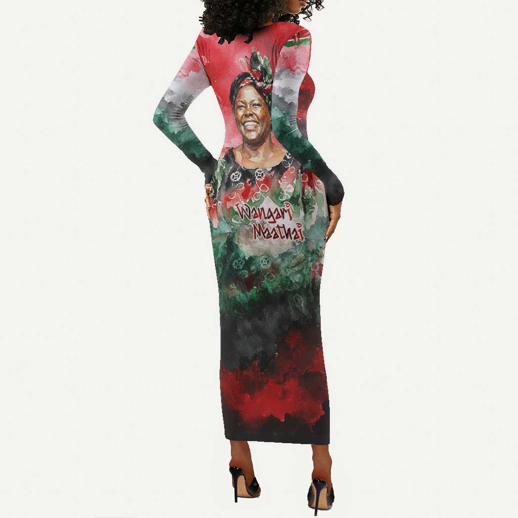 Wangari Maathai Long Sleeve Bodycon Dress Kenyan Flag Watercolor Style - Environmental Quote Planting Trees Tribute Eco-Activism - Wonder Print Shop