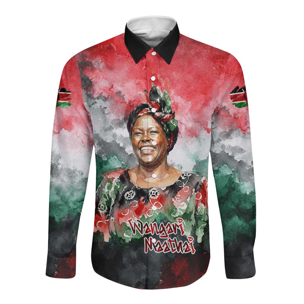 Wangari Maathai Long Sleeve Button Shirt Kenyan Flag Watercolor Style - Environmental Quote Planting Trees Tribute Eco-Activism - Wonder Print Shop