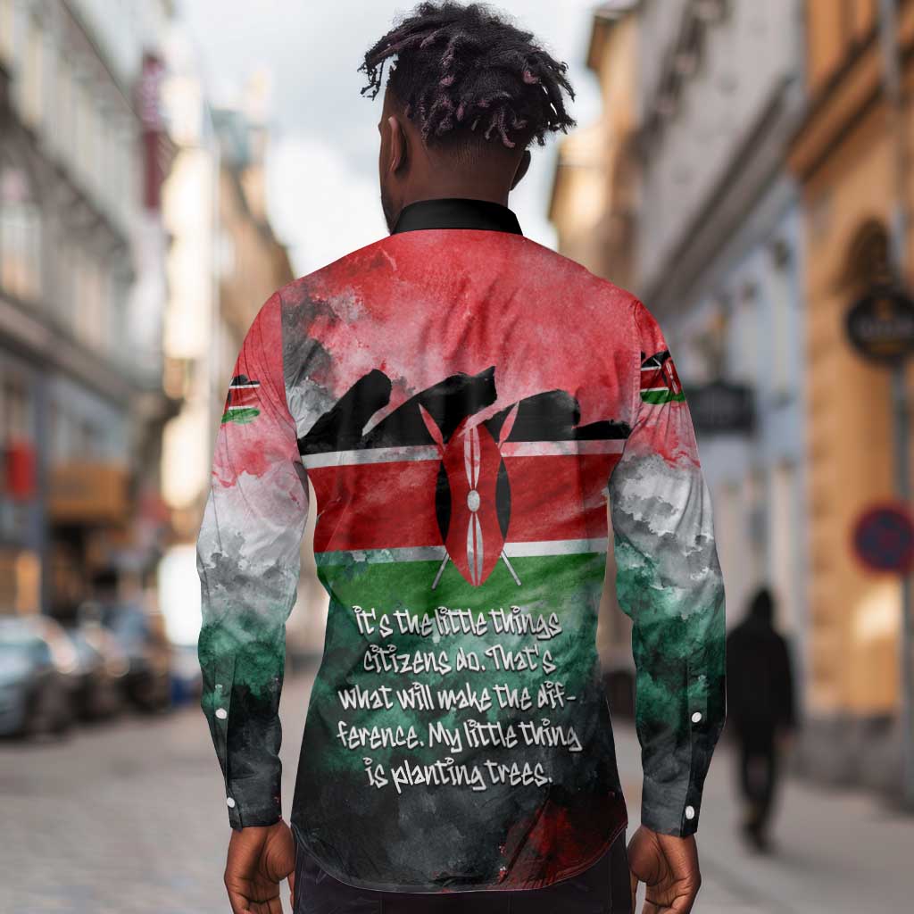 Wangari Maathai Long Sleeve Button Shirt Kenyan Flag Watercolor Style - Environmental Quote Planting Trees Tribute Eco-Activism - Wonder Print Shop
