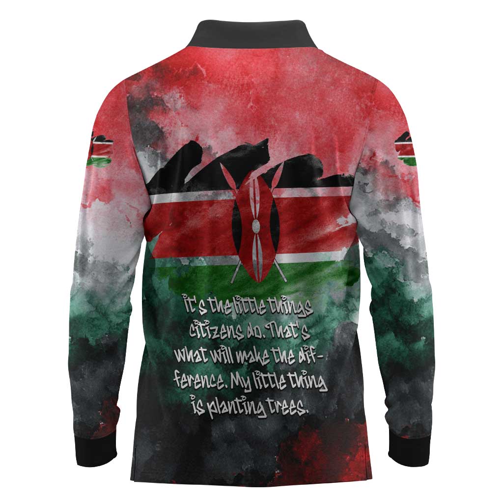 Wangari Maathai Long Sleeve Polo Shirt Kenyan Flag Watercolor Style - Environmental Quote Planting Trees Tribute Eco-Activism - Wonder Print Shop