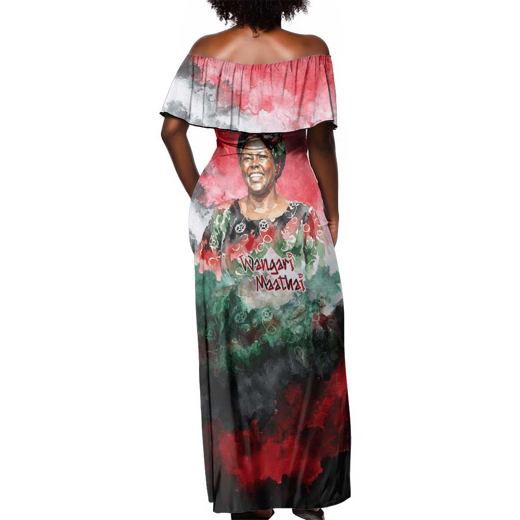 Wangari Maathai Off Shoulder Maxi Dress Kenyan Flag Watercolor Style - Environmental Quote Planting Trees Tribute Eco-Activism - Wonder Print Shop
