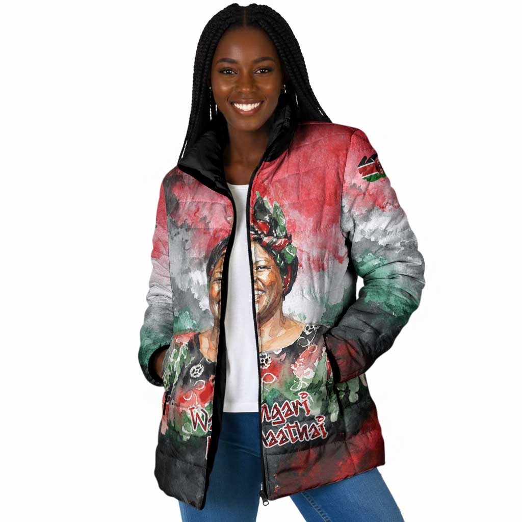 Wangari Maathai Padded Jacket Kenyan Flag Watercolor Style - Environmental Quote Planting Trees Tribute Eco-Activism - Wonder Print Shop