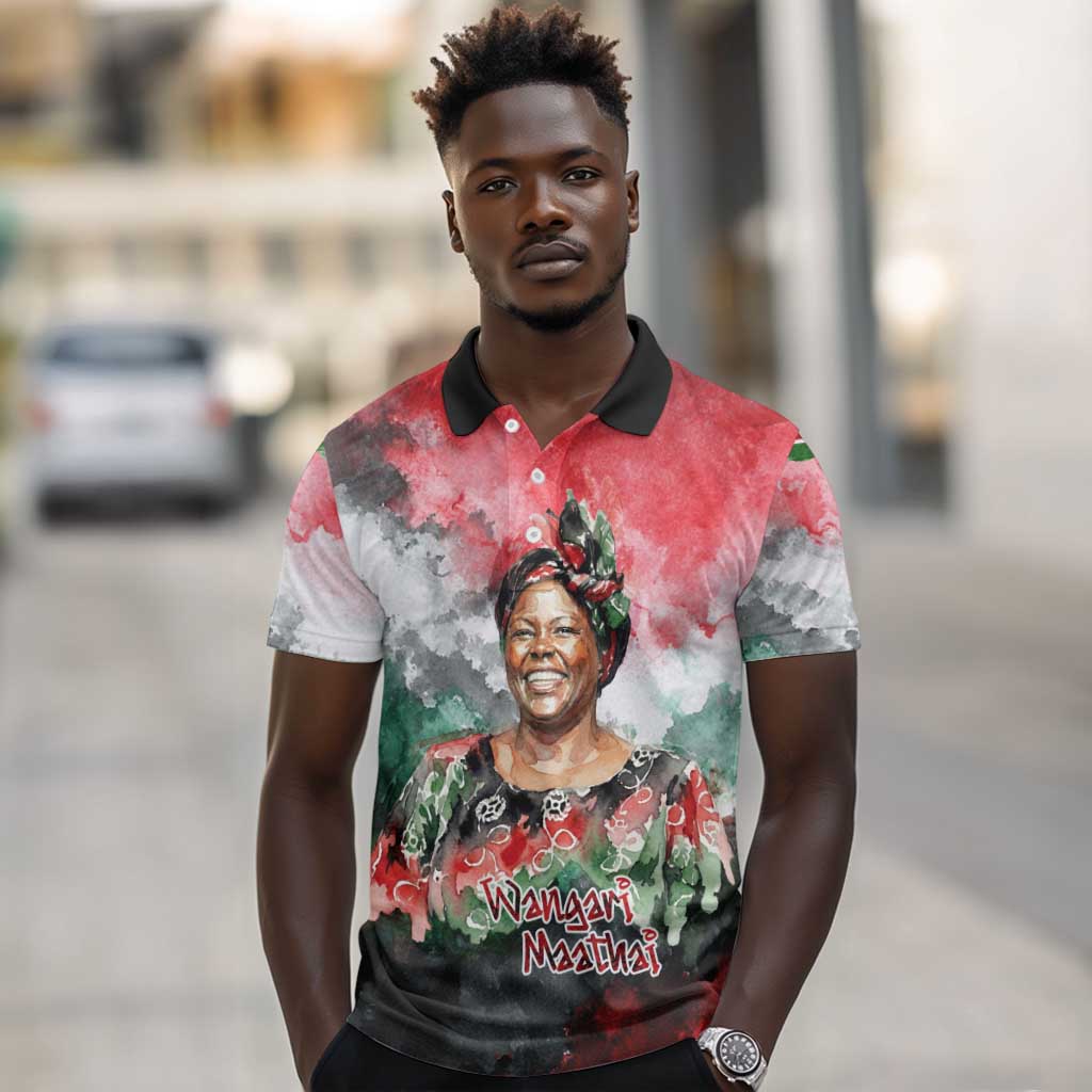 Wangari Maathai Polo Shirt Kenyan Flag Watercolor Style - Environmental Quote Planting Trees Tribute Eco-Activism - Wonder Print Shop