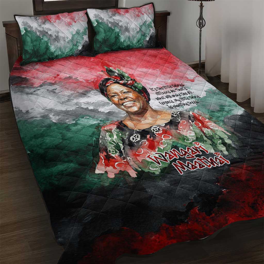 Wangari Maathai Quilt Bed Set Kenyan Flag Watercolor Style - Environmental Quote Planting Trees Tribute Eco-Activism - Wonder Print Shop