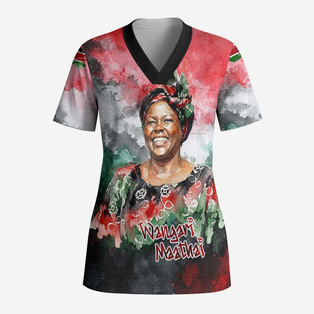 Wangari Maathai Scrub Top Kenyan Flag Watercolor Style - Environmental Quote Planting Trees Tribute Eco-Activism - Wonder Print Shop