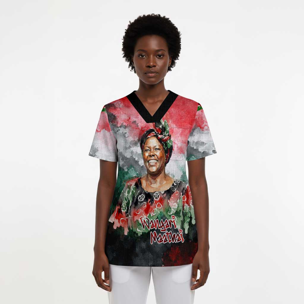 Wangari Maathai Scrub Top Kenyan Flag Watercolor Style - Environmental Quote Planting Trees Tribute Eco-Activism - Wonder Print Shop