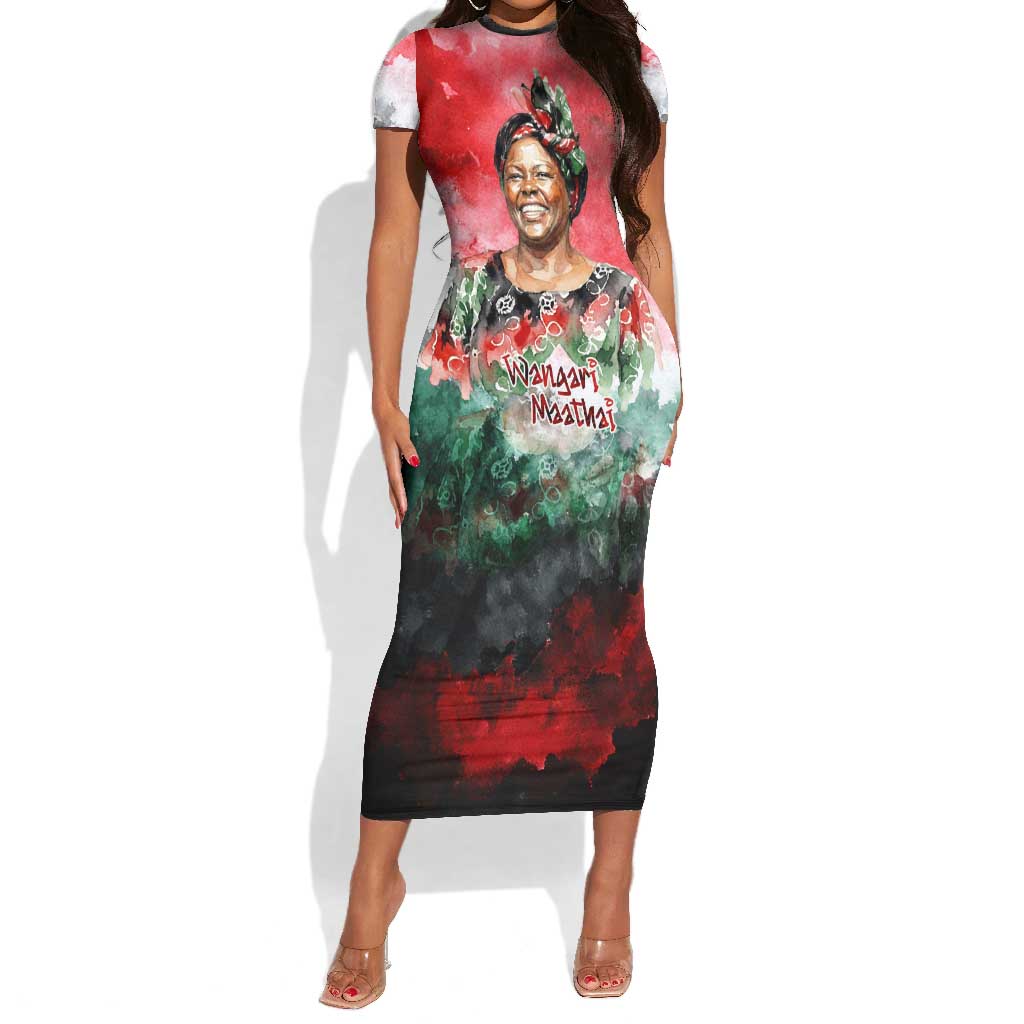 Wangari Maathai Short Sleeve Bodycon Dress Kenyan Flag Watercolor Style - Environmental Quote Planting Trees Tribute Eco-Activism - Wonder Print Shop