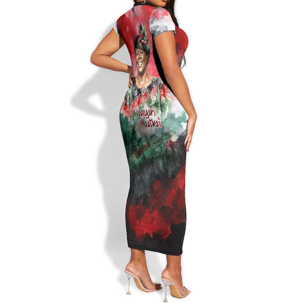 Wangari Maathai Short Sleeve Bodycon Dress Kenyan Flag Watercolor Style - Environmental Quote Planting Trees Tribute Eco-Activism - Wonder Print Shop