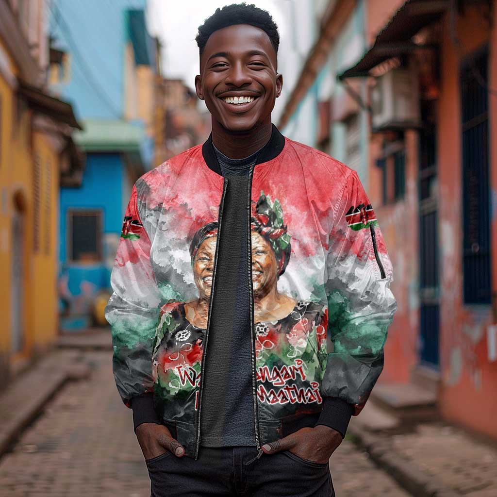 Wangari Maathai Sleeve Zip Bomber Jacket Kenyan Flag Watercolor Style - Environmental Quote Planting Trees Tribute Eco-Activism - Wonder Print Shop