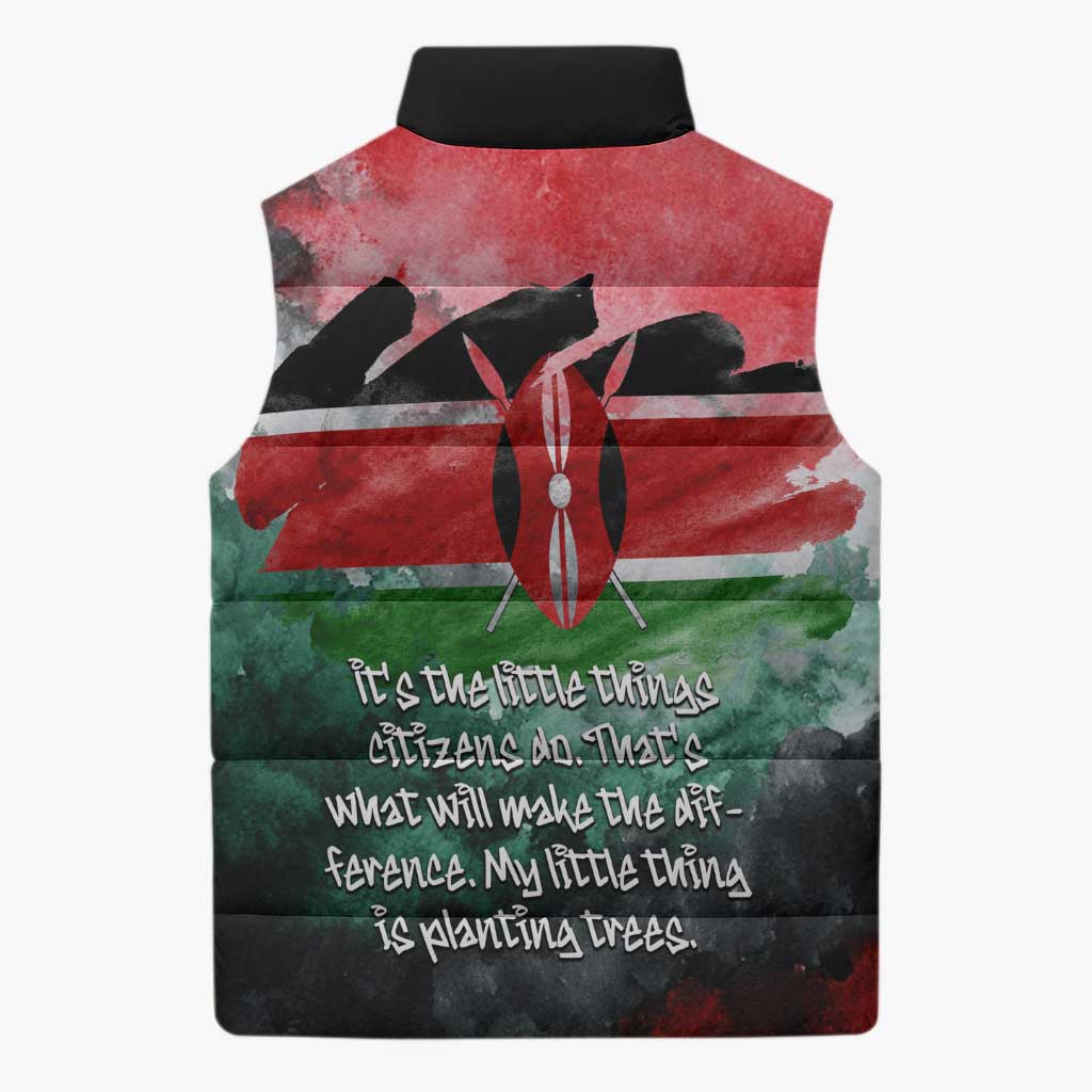 Wangari Maathai Sleeveless Puffer Jacket Kenyan Flag Watercolor Style - Environmental Quote Planting Trees Tribute Eco-Activism - Wonder Print Shop