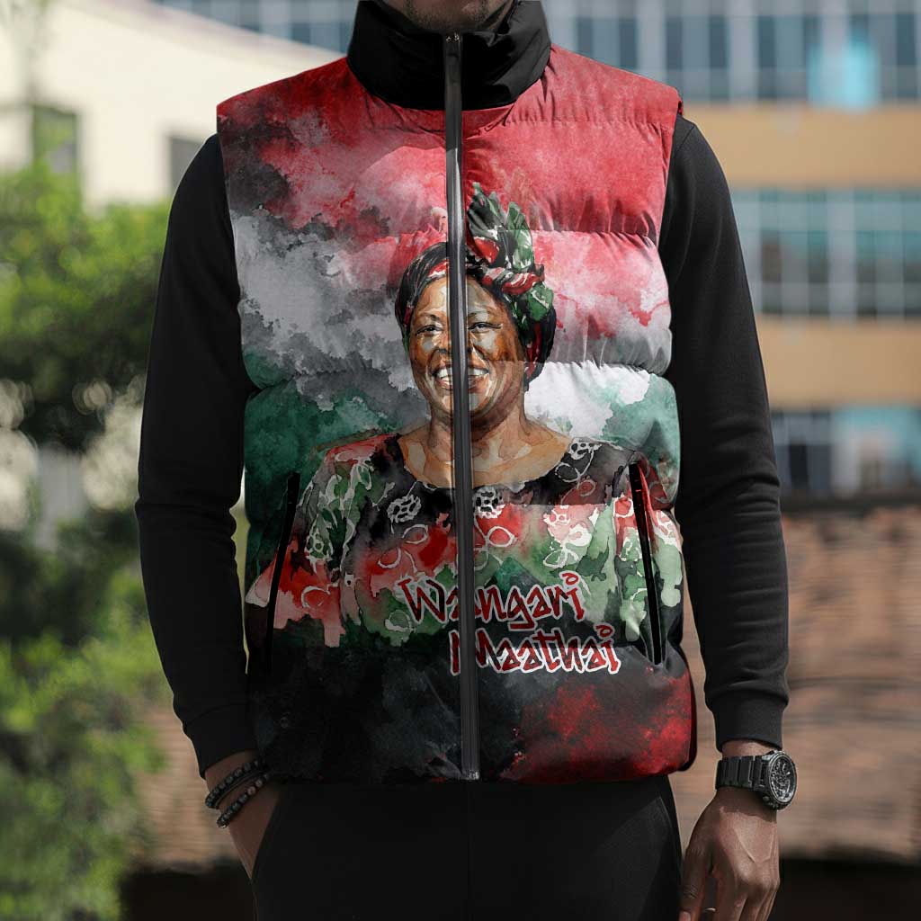 Wangari Maathai Sleeveless Puffer Jacket Kenyan Flag Watercolor Style - Environmental Quote Planting Trees Tribute Eco-Activism - Wonder Print Shop