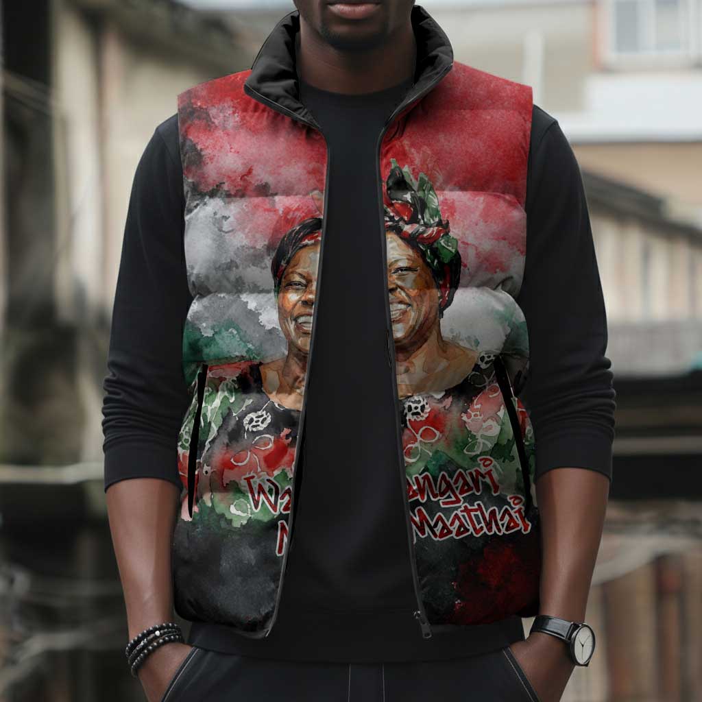 Wangari Maathai Sleeveless Puffer Jacket Kenyan Flag Watercolor Style - Environmental Quote Planting Trees Tribute Eco-Activism - Wonder Print Shop