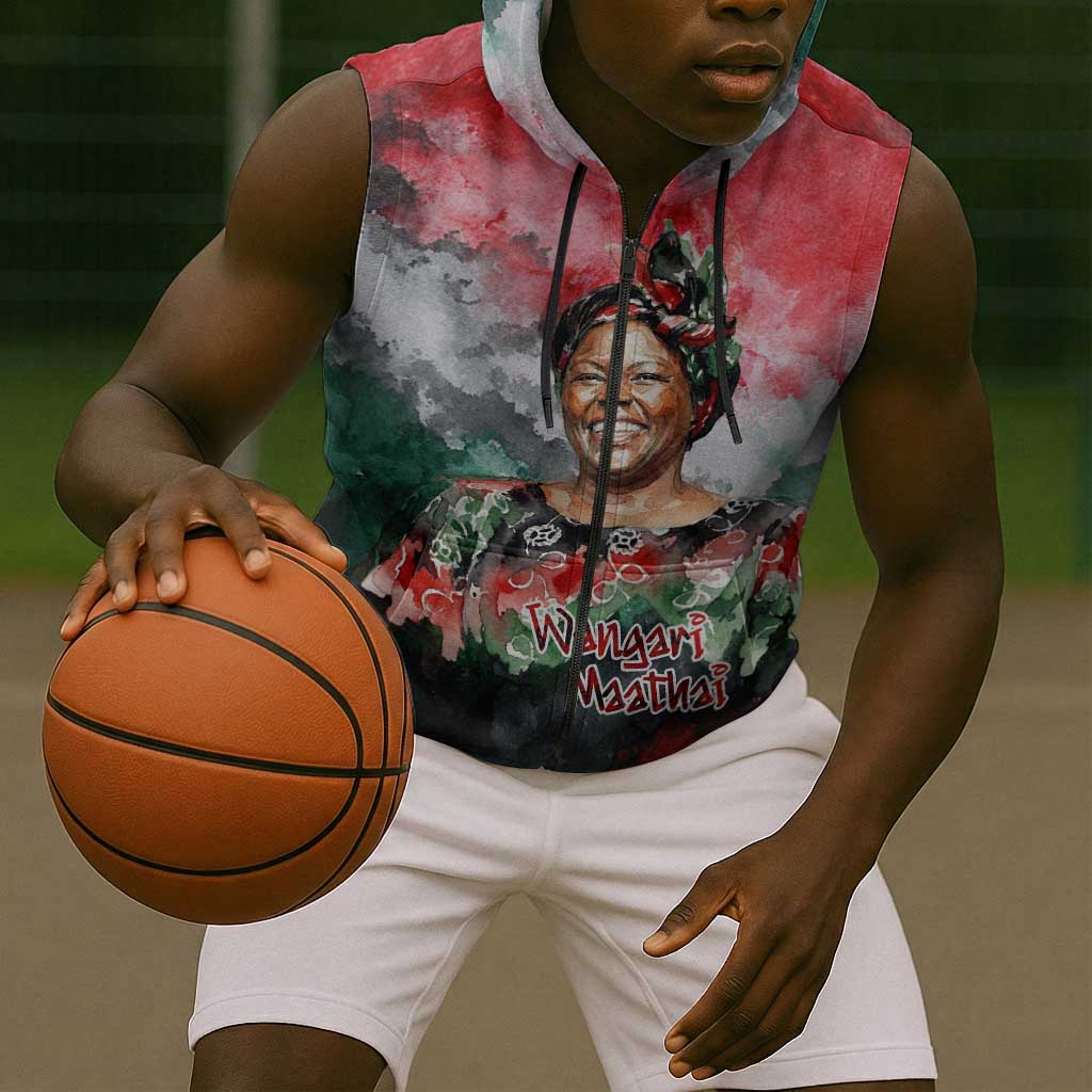 Wangari Maathai Sleeveless Zip Hoodie Kenyan Flag Watercolor Style - Environmental Quote Planting Trees Tribute Eco-Activism - Wonder Print Shop