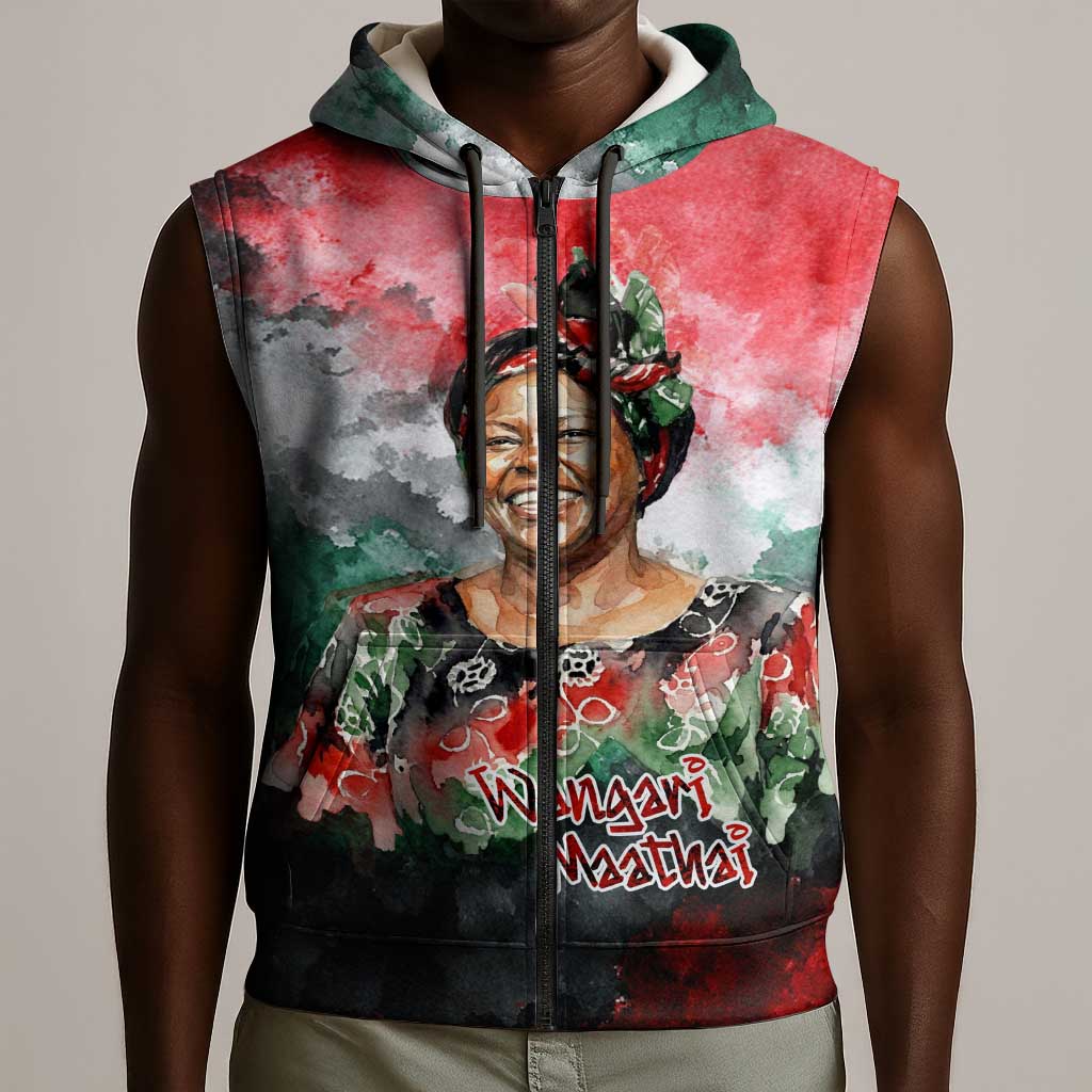 Wangari Maathai Sleeveless Zip Hoodie Kenyan Flag Watercolor Style - Environmental Quote Planting Trees Tribute Eco-Activism - Wonder Print Shop