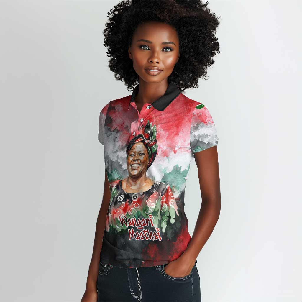 Wangari Maathai Women Polo Shirt Kenyan Flag Watercolor Style - Environmental Quote Planting Trees Tribute Eco-Activism - Wonder Print Shop