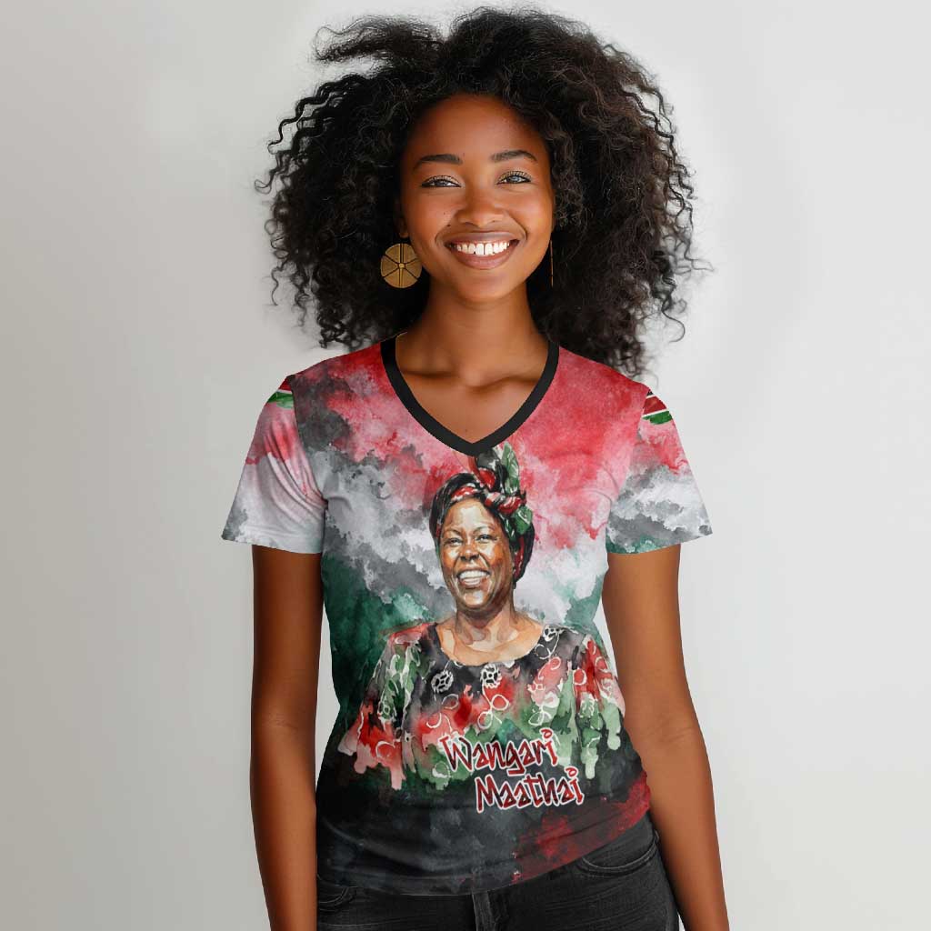 Wangari Maathai Women V-Neck T-Shirt Kenyan Flag Watercolor Style - Environmental Quote Planting Trees Tribute Eco-Activism - Wonder Print Shop