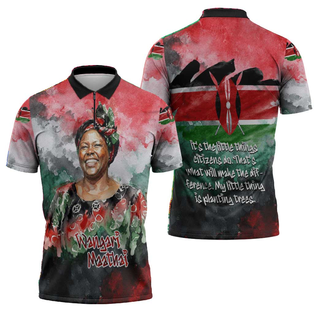 Wangari Maathai Zipper Polo Shirt Kenyan Flag Watercolor Style - Environmental Quote Planting Trees Tribute Eco-Activism - Wonder Print Shop