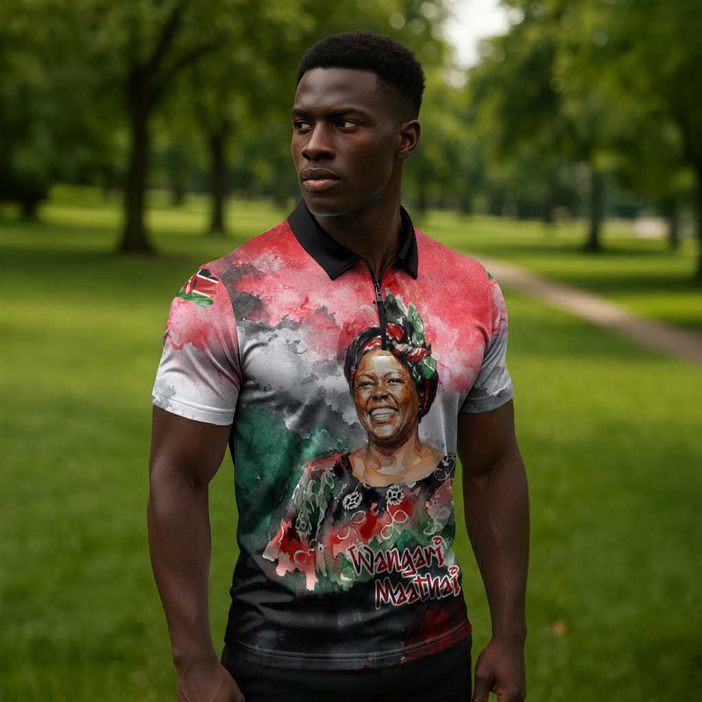 Wangari Maathai Zipper Polo Shirt Kenyan Flag Watercolor Style - Environmental Quote Planting Trees Tribute Eco-Activism - Wonder Print Shop