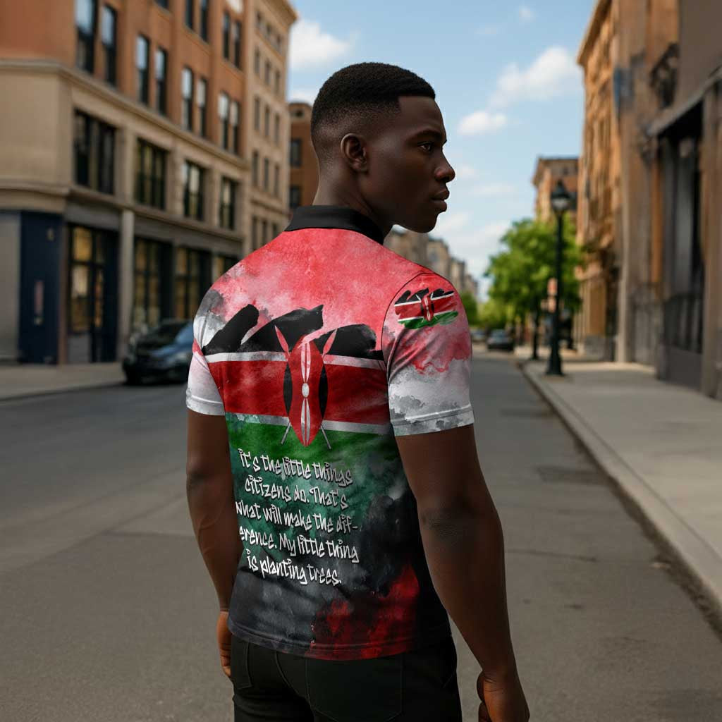 Wangari Maathai Zipper Polo Shirt Kenyan Flag Watercolor Style - Environmental Quote Planting Trees Tribute Eco-Activism - Wonder Print Shop