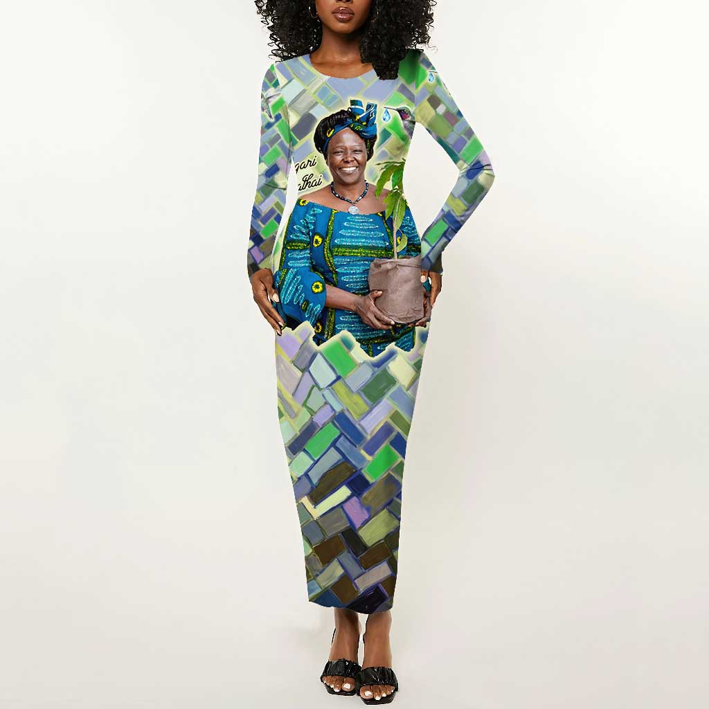 Wangari Maathai Long Sleeve Bodycon Dress Hummingbird Quote Tree Planting Theme Environmental Justice Tribute - Wonder Print Shop