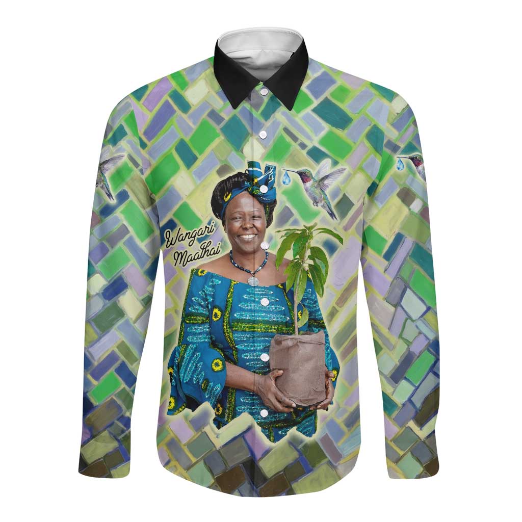 Wangari Maathai Long Sleeve Button Shirt Hummingbird Quote Tree Planting Theme Environmental Justice Tribute - Wonder Print Shop
