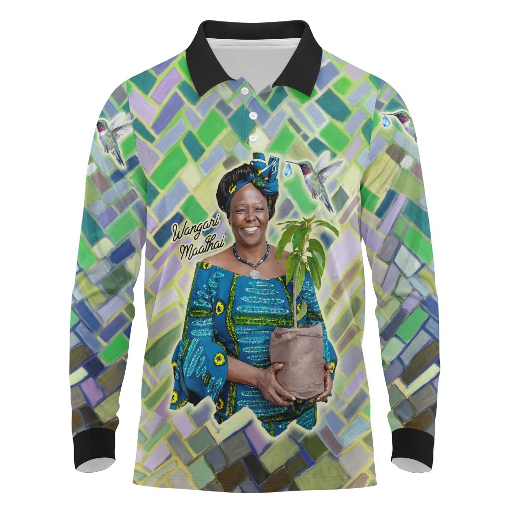 Wangari Maathai Long Sleeve Polo Shirt Hummingbird Quote Tree Planting Theme Environmental Justice Tribute - Wonder Print Shop
