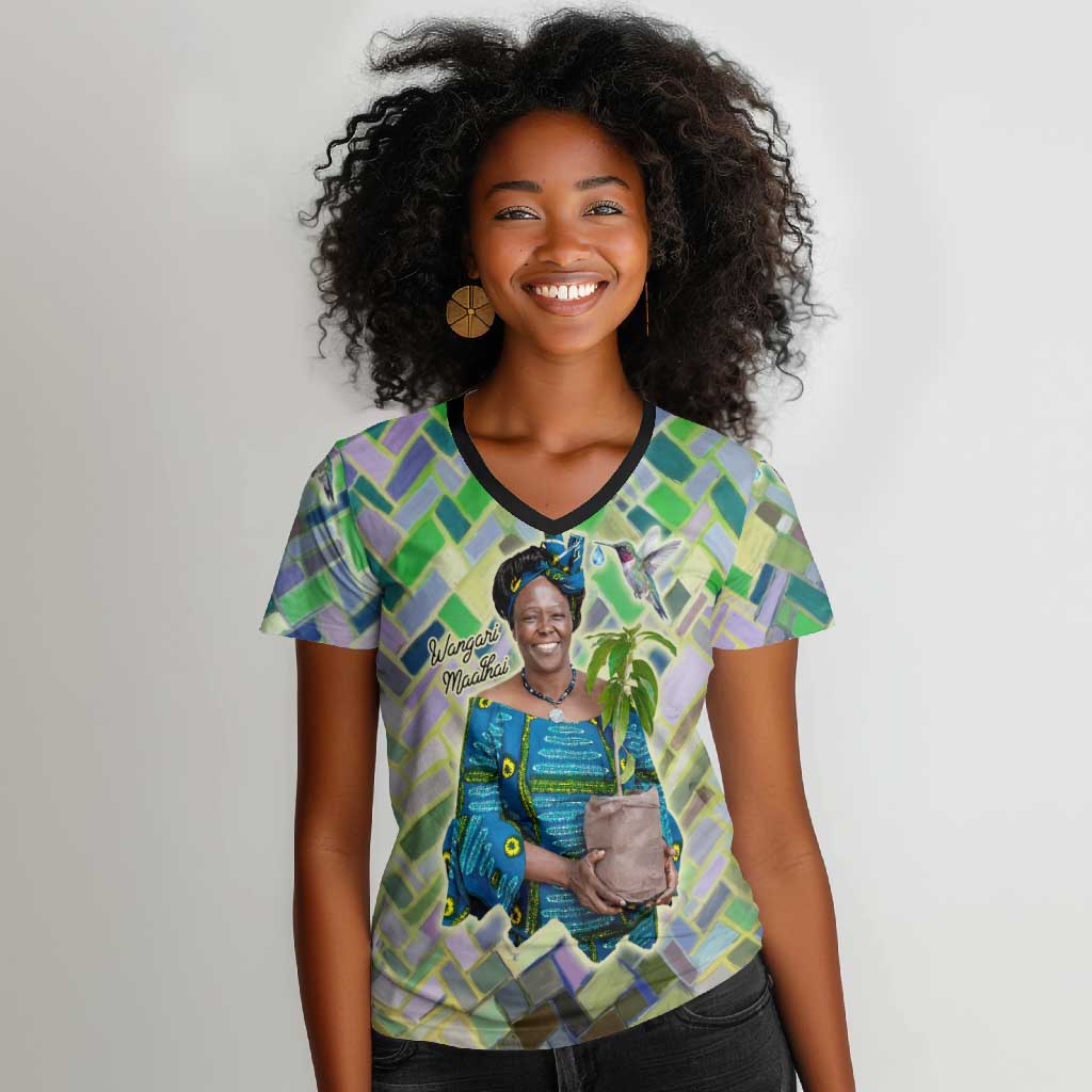 Wangari Maathai Women V-Neck T-Shirt Hummingbird Quote Tree Planting Theme Environmental Justice Tribute - Wonder Print Shop