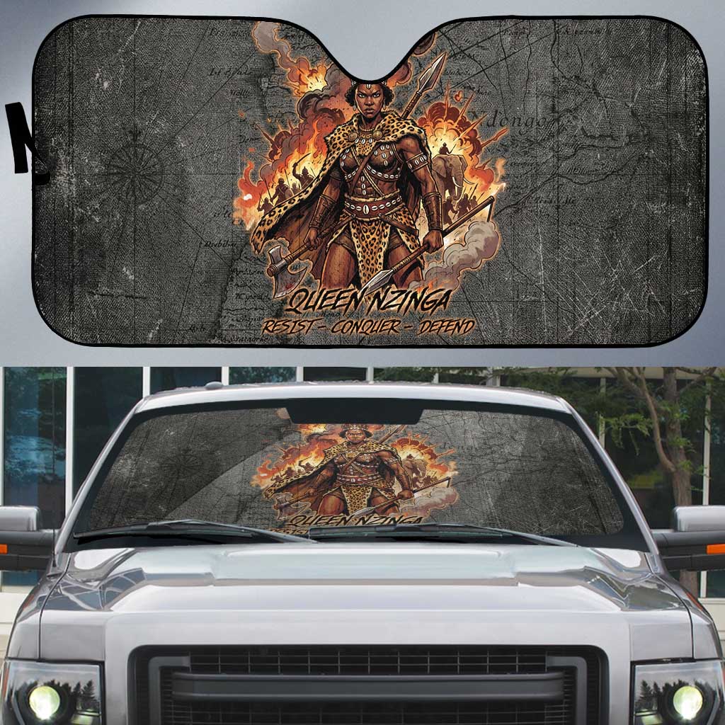 Queen Nzinga Auto Sun Shade Fierce African Warrior Queen - Dark Tribal Fire Art - Wonder Print Shop