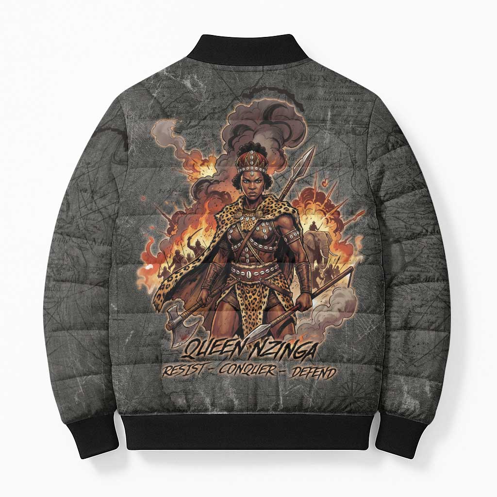 Queen Nzinga Bomber Puffer Jacket Fierce African Warrior Queen - Dark Tribal Fire Art - Wonder Print Shop
