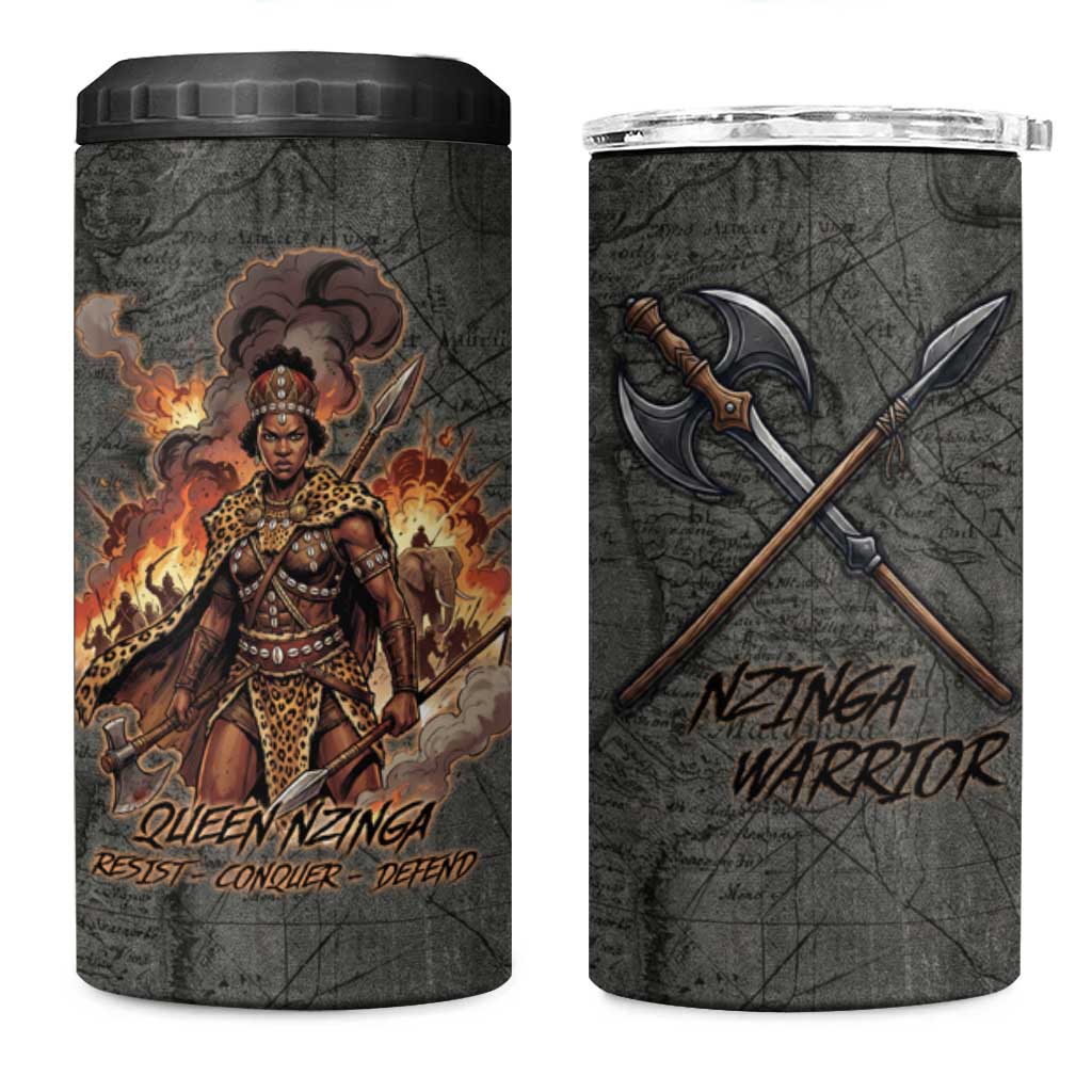 Queen Nzinga 4 in 1 Can Cooler Tumbler Fierce African Warrior Queen - Dark Tribal Fire Art - Wonder Print Shop