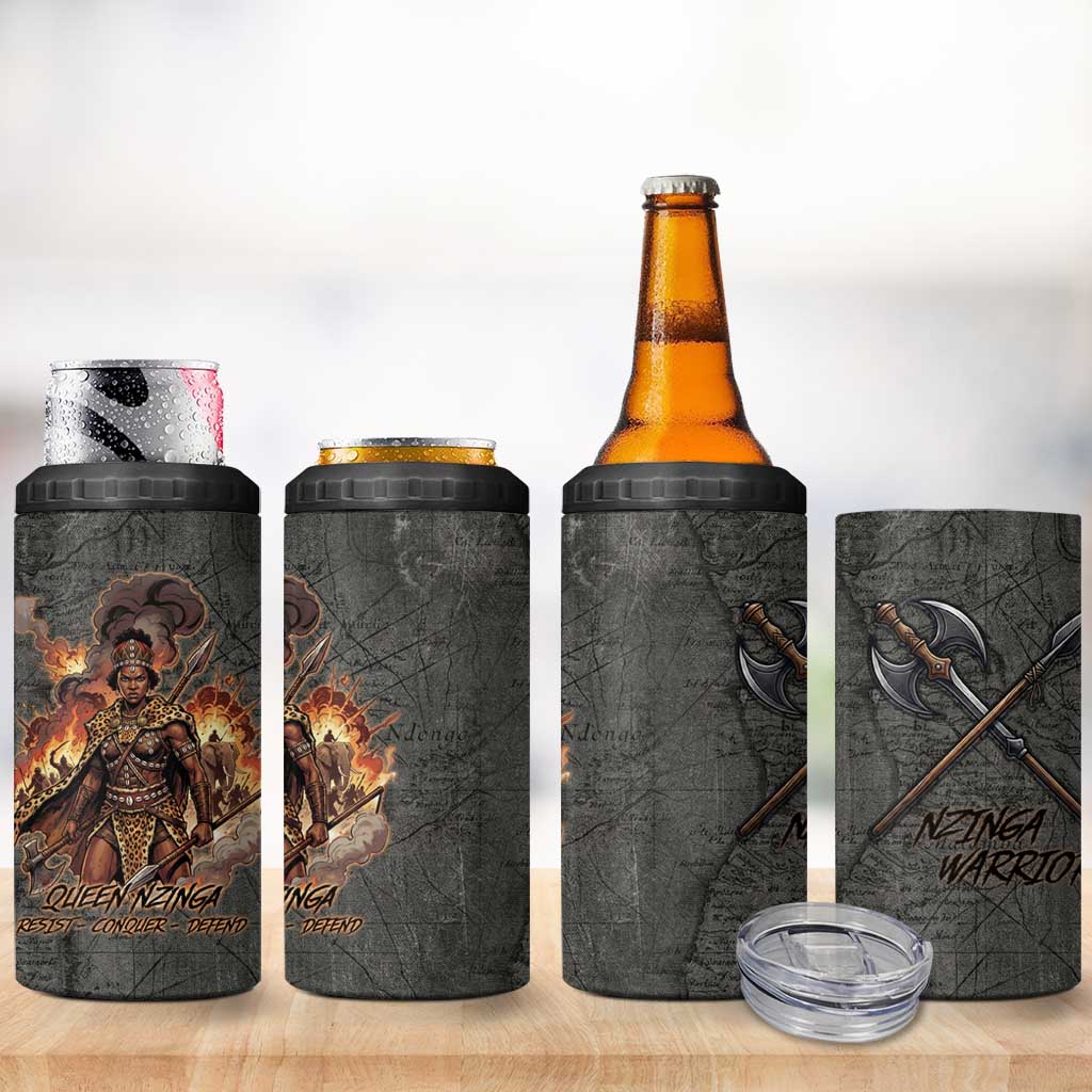 Queen Nzinga 4 in 1 Can Cooler Tumbler Fierce African Warrior Queen - Dark Tribal Fire Art - Wonder Print Shop