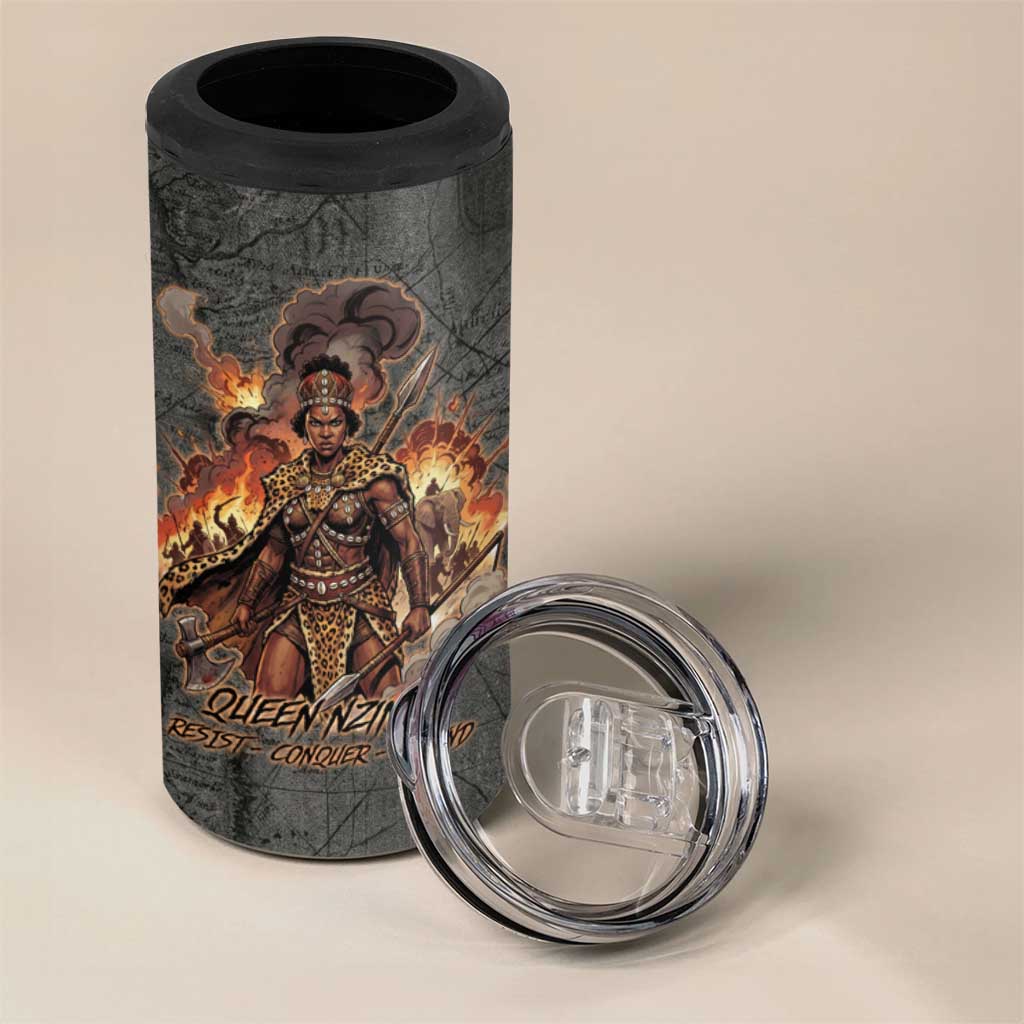 Queen Nzinga 4 in 1 Can Cooler Tumbler Fierce African Warrior Queen - Dark Tribal Fire Art - Wonder Print Shop