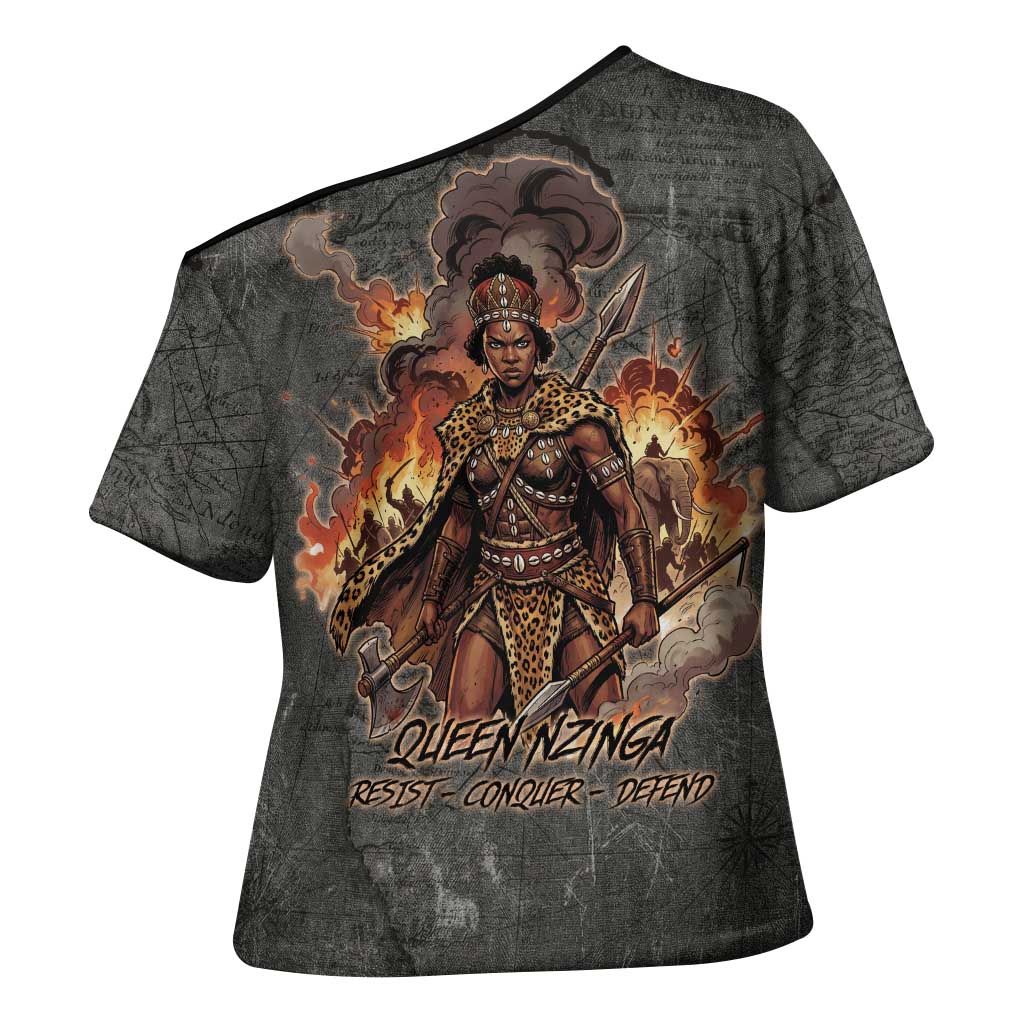 Queen Nzinga Cross Shoulder Shirt Fierce African Warrior Queen - Dark Tribal Fire Art - Wonder Print Shop