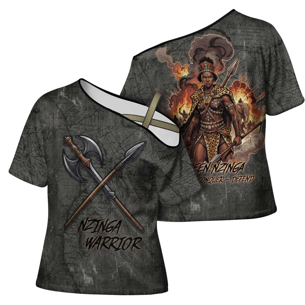 Queen Nzinga Cross Shoulder Shirt Fierce African Warrior Queen - Dark Tribal Fire Art - Wonder Print Shop