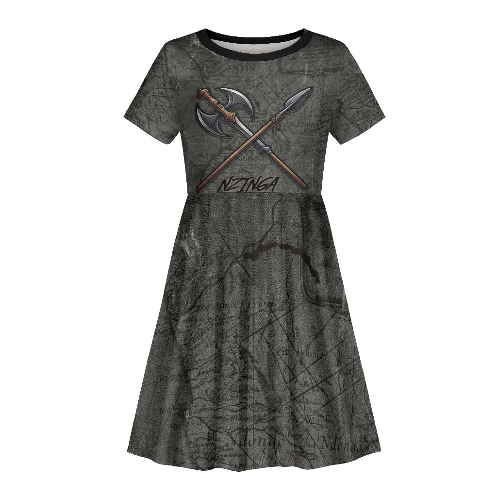 Queen Nzinga Kid Short Sleeve Dress Fierce African Warrior Queen - Dark Tribal Fire Art - Wonder Print Shop