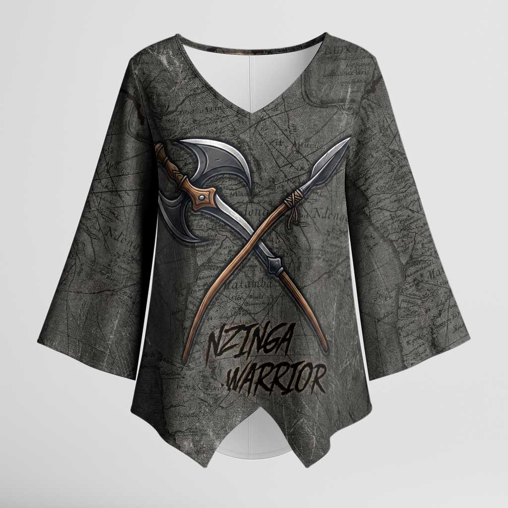 Queen Nzinga Kimono Sleeve Blouse Fierce African Warrior Queen - Dark Tribal Fire Art - Wonder Print Shop